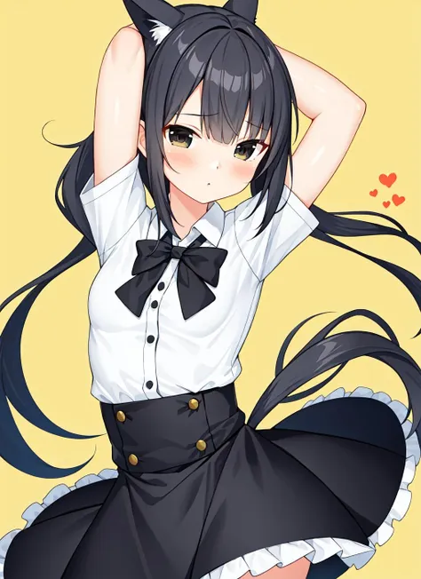 masterpiece,best quality,upper body,1girl,collared_shirt and flared_skirt as material2,yellow theme,flat color,polar opposites,mohawk,small breasts,black eyes,heart in eye,cowboy shot