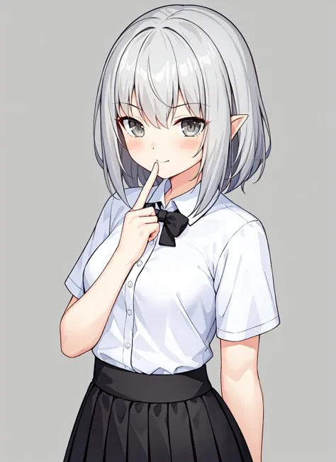 masterpiece,best quality,upper body,1girl,collared_shirt and flared_skirt as material3,grey theme,watercolor \(medium\),social media composition,grey hair,small breasts,no sclera,;\),between fingers