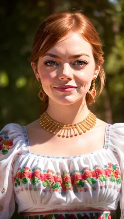 1girl, best quality, (masterpiece:1.2), ultra-detailed, (high detailed skin:1.2), 8k uhd, dslr, soft lighting, high quality, (photo of sks woman:1.3), emma stone, red hair, light green eyes, blush, looking at viewer, wearing otavalenian clothes, otavalenian clothes, otavalenian dress, <lora:otavalenianClothes:0.8> , <lora:lora_emmastone_v1_from_v1_160:1>