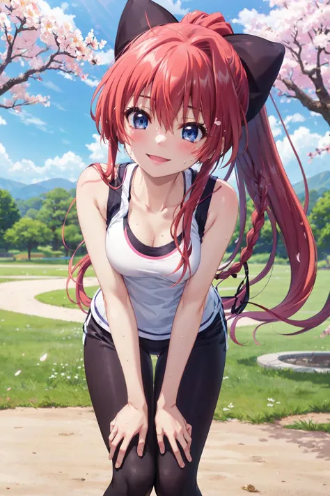 masterpiece,best quality,highres,ultra-detailed,aaasuna,heterochromia,long hair,twintails,ahoge,hair bell,<lora:kagurazaka_asuna:0.7>,sports bra,leggings,outdoors,cherry blossoms,smile,sweat,leaning forward,hands_on_own_knees,