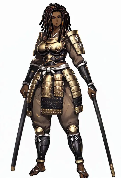 1milf,solo ,Brown skin,dreadlocks blond hair ,full body black samurai armor,facing the viewer, full body,white background,