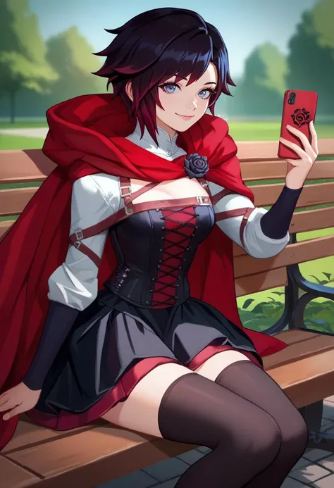 score_9, score_8_up, score_7_up, source_anime, solo, 1girl, mistralrose, smile, looking at viewer, sitting, park bench, holding phone, red cape, black dress, corset, white shirt, long sleeves, black skirt, black thighhighs, bandolier, outdoors <lora:rwby_rose_mistral_ponyXL:1>