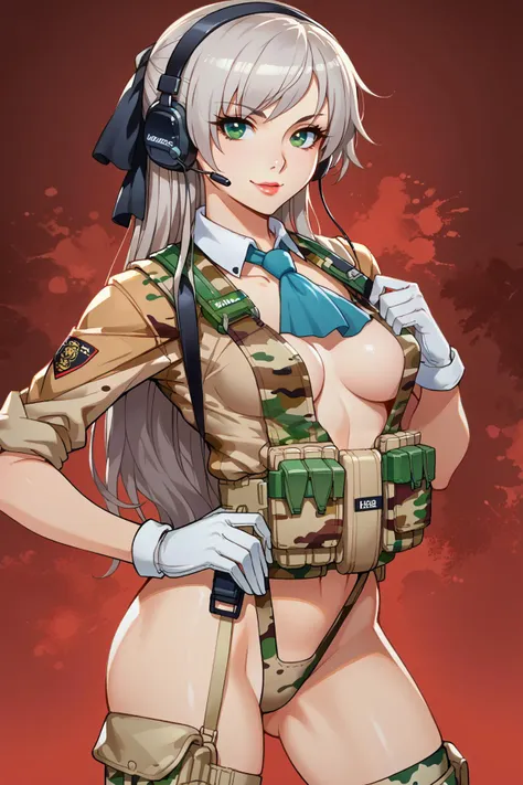 score_9, score_8_up, score_7_up, score_6_up, score_5_up, score_4_up, BREAK ,cowboy shot,smile,puffy lips,lipstick,sexy pose,rating_explicit,digital painting,looking at viewer,1girl,solo,
gloves,  military, helmet, headset, camouflage,  load bearing vest, sling,wearing epTactical,boots,plunging neckline,long hair
<lora:edgTacticalPony:1>
<lora:elie-pdxl-nvwls-v1:1> zeroelie, hairband, hair ribbon,grey hair,green eyes,blue ascot