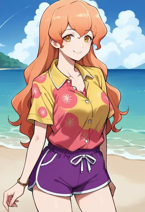 score_9, score_8_up, source_anime, 1girl, solo, Muginami, yellow eyes, pink hair, long hair, hawaiian shirt, dress shirt, multicolored shirt, purple shorts, dolphin shorts, smile, outdoors, beach, <lora:ChamMuginamiPonyXL:1>