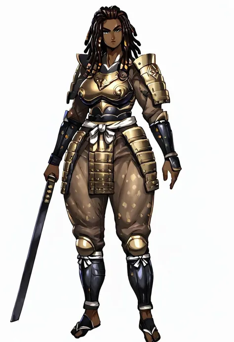 1milf,solo ,Brown skin,dreadlocks blond hair ,full body black samurai armor,facing the viewer, full body,white background,