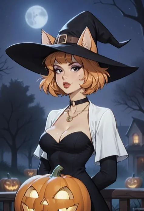 score_9, score_8_up, score_7_up, score_6_up
cat girl, furry, ginger wildcat, fantomcat, woman,1girl, witch hat, hat, jewelry, breasts, jack-o'-lantern, bat \(animal\), cleavage, moon, solo, halloween, necklace, witch,short hair, night,short hair, tree, full moon, pumpkin,black eyes,black eyes, looking at viewer, bare tree, lips, outdoors, black headwear, medium breasts, makeup, upper body, sky, mole,mole under eye, night sky