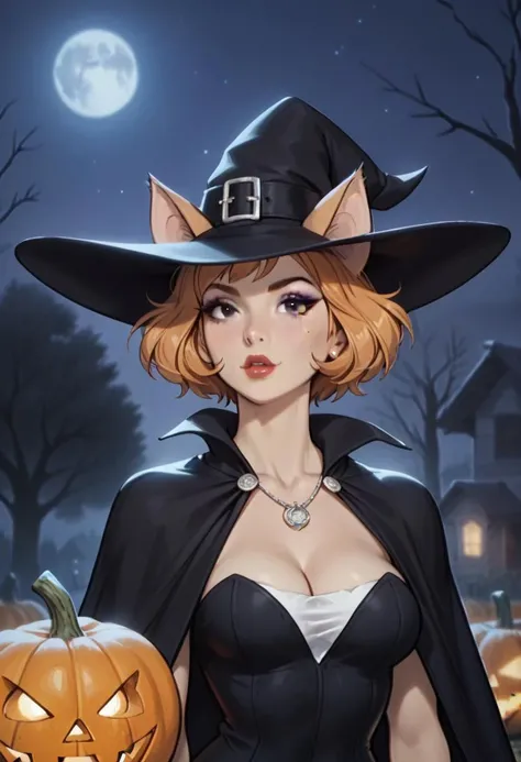 score_9, score_8_up, score_7_up, score_6_up
cat girl, furry, ginger wildcat, fantomcat, woman,1girl, witch hat, hat, jewelry, breasts, jack-o'-lantern, bat \(animal\), cleavage, moon, solo, halloween, necklace, witch,short hair, night,short hair, tree, full moon, pumpkin,black eyes,black eyes, looking at viewer, bare tree, lips, outdoors, black headwear, medium breasts, makeup, upper body, sky, mole,mole under eye, night sky