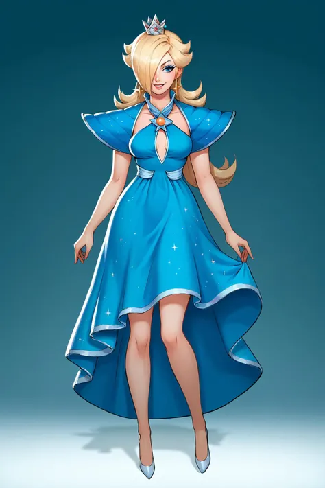 score_9, score_8_up, score_7_up, score_6_up, score_5_up, score_4_up, BREAK ,cowboy shot,1girl,solo,digital painting,
<lora:Rosalina_XLPD:0.8> IncrsRsln, hair over one eye, crown,smile
edgToxic, a woman in a blue dress and heels ,wearing edgToxic,hat, shoulder pads,sexy pose
<lora:edgToxicPony1:0.8>