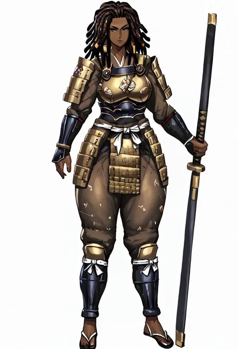 1milf,solo ,Brown skin,dreadlocks blond hair ,full body black samurai armor,facing the viewer, full body,white background,