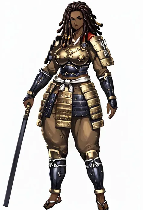 1milf,solo ,Brown skin,dreadlocks blond hair ,full body black samurai armor,facing the viewer, full body,white background,
