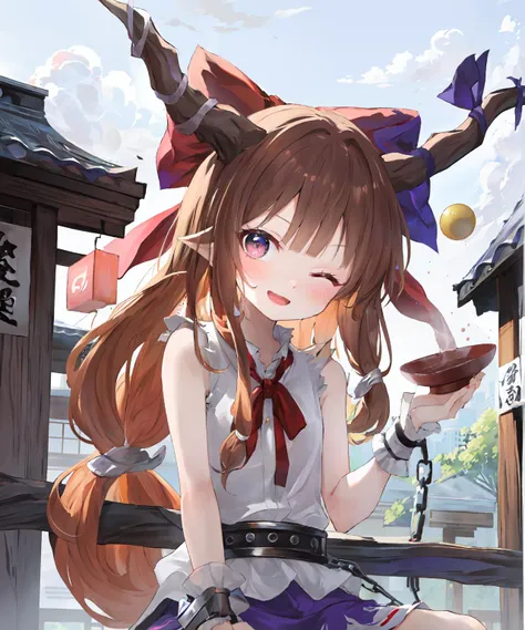 (masterpiece, best quality, high resolution),
(cute face, kawaii), very big eyes, Aesthetic Anime Eyes, (small face),
sitting,
drunk, happy, open mouth, one eye closed,
sake,
shrine,
1girl, solo,
looking at viewer,
<lora:suika:1> ,ibuki suika, gourd,wrist cuffs,ball and chain restraint,cube,