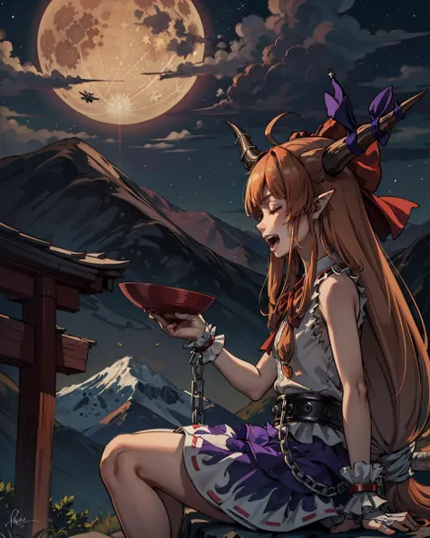 masterpiece, best quality, <lora:suika:1>,1girl, long hair, solo, horns, ibuki suika, skirt, chain, bow, moon, torii, hair bow, shirt, orange hair, open mouth, very long hair, low-tied long hair, white shirt, sky, ribbon, red bow, night, sleeveless, sitting, smile, sakazuki, gourd, ahoge, mountain, night sky, cup, closed eyes, cuffs, sleeveless shirt, full moon, horn ornament, star (sky), sake, oni, bangs, sidelocks, belt, shackles, signature, alcohol, starry sky, torn sleeves, pointy ears, from side, full body, wrist cuffs, cloud, horn ribbon, profile, ribbon-trimmed skirt, outdoors, oni horns, cube, teeth, frills, torn clothes, blue skirt, mountainous horizon, purple skirt, bottle, fangs, :d, fang, hands up, absurdly long hair