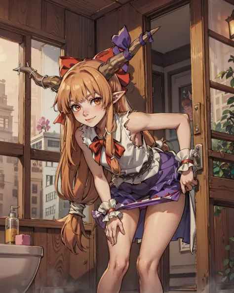 masterpiece, best quality, <lora:suika:1>,indoors,bathroom,1girl, solo, underwear, panties, ibuki suika, long hair, horns, panty pull, blush, pointy ears, bow, pink panties, hair bow, orange hair, very long hair, looking at viewer, horn ribbon, red eyes, horn ornament, sleeveless, skirt, low-tied long hair, ribbon, bent over, undressing, sketch, blonde hair, wrist cuffs, orange eyes, smile, shirt, leaning forward