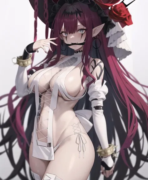 baosith 3rdasc, masterpiece, incredibly absurdres, best quality, cowboy shot, 1girl, pointy ears, intricate grey eyes, slit pupils, solo, pink hair, hair intakes, facial mark, gag, improvised gag, gagged, fangs, grey skin, colored skin, revealing clothes, bangs, dress, cross-laced clothes, sideboob, breasts, large breasts, bare shoulders, rose, earrings, white dress, panties, underwear, side-tie panties, white panties, white headwear, large hat, hat flower, flower, nail polish, red nails, fingernails, jewelry, spiked bracelet, spikes, bracelet, detached sleeves, thighs, thigh boots, high heel boots, boots, masterpiece, incredibly absurdres, best quality