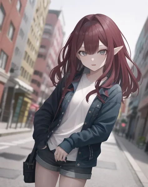 freefit, alternate costume, __attire_shirts_and_topwear__, 1girl, baosith, solo, looking at viewer, __Faces__, pointy ears, white eyes, grey eyes, long curly white and red hair, (__basic_poses__), urban background, imizu style, masterpiece, incredibly absurdres, best quality