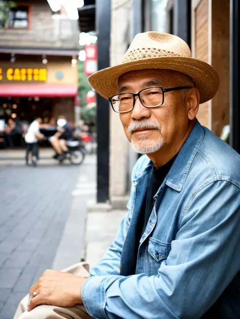 RAW photo, a trendy old man sitting in front of a cafe <lora:CC_v1.2:0.8>, (high detailed skin:1.2), 8k uhd, dslr, soft lighting, high quality
