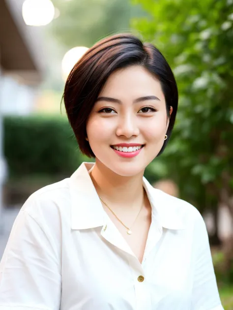 RAW photo, a beautiful trendy young woman with short hair, smiling, close up shot <lora:CC_v1.2:0.8>, (high detailed skin:1.2), 8k uhd, dslr, soft lighting, high quality