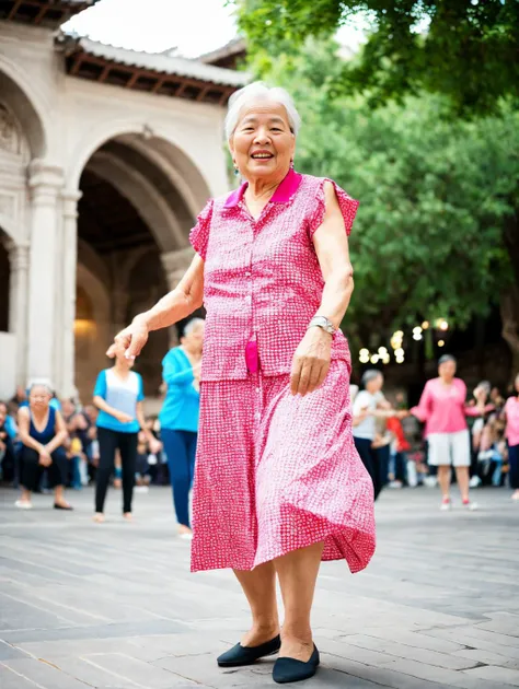 RAW photo, a old lady dancing in a square <lora:CC_v1.2:0.8>, (high detailed skin:1.2), 8k uhd, dslr, soft lighting, high quality