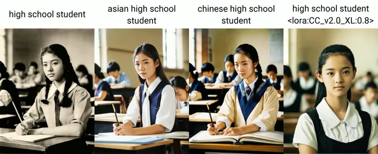photograph of a female high school student in class room,  half body