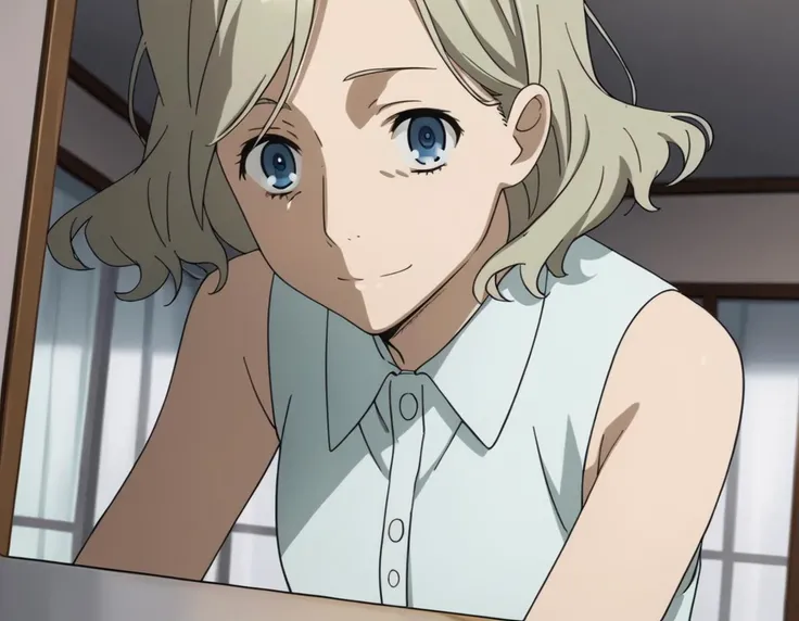 score_9, score_8_up, score_7_up, source_anime,
irenehonma,  <lora:irene-honma-s1-ponyxl-lora-nochekaiser:1>,
irene honma, short hair, blue eyes, grey hair,
shirt, bare shoulders, sleeveless, sleeveless shirt,
indoors, bent over, smile,
looking at viewer, solo, cowboy shot, dutch angle,