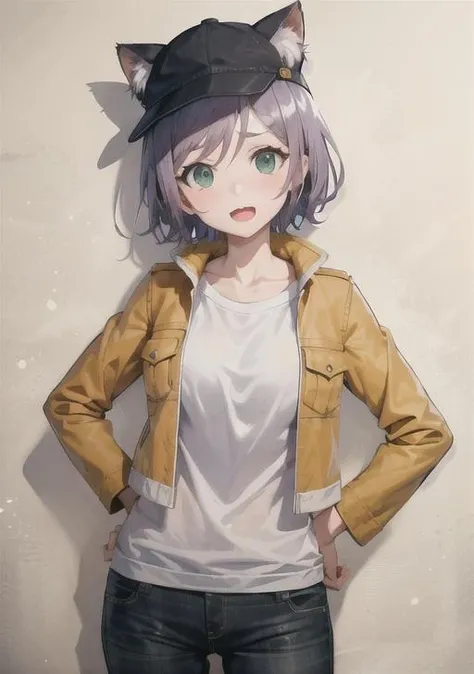 <lora:Goll:0.5>, goll, 1girl, solo, looking at viewer, short hair, open mouth, shirt, hat, animal ears, green eyes, jacket, purple hair, open clothes, cat ears, aqua eyes, hand on hip, hand on headwear