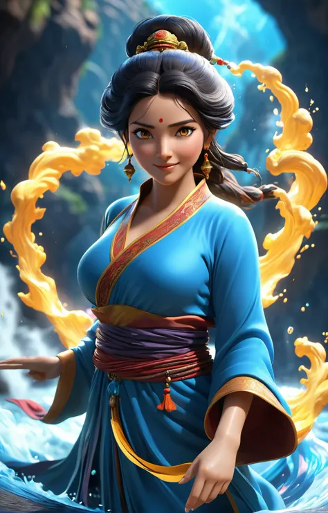 cinema 4d render, high contrast, vibrant and saturated, sico style, dark and moody from the back of a beautiful Afghan woman with a small smile (curby and busty:1.2), portrait, (imperial chinese theme:1.1), (glowing eyes:1.05), elemental water sorcerer, surrounded by swirling water, whirlwind of water, fantasy spellcaster clothes, dynamic pose, floating particles, concentrating, ethereal dynamic, water, river in background, blue tones, cliffs, cinematic atmosphere, <lora:memoji_1024-000005:0.4>, highly detailed, sharp focus, intricate design, 3d, unreal engine, octane render, CG best quality, highres, photorealistic, dramatic lighting, artstation, concept art, cinematic, epic Steven Spielberg movie still, sharp focus, smoke, sparks, art by pascal blanche and greg rutkowski and repin, trending on artstation, hyperrealism painting, detailed character design, matte painting, 4k resolution