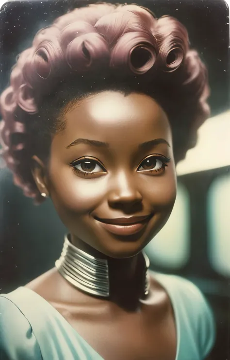 1950s photography BREAK dark and moody, vibrant, sico style, from the side of a beautiful Nigerian woman smiling, portrait, looking down, (fallout theme:1.1), intense expression, dynamic pose, glass-cyborg, (made of glass:1.1), translucent, titan, glass armor, clean glass, power source, surging power, crackling electricity, intense heat, workshop in background, cinematic atmosphere, <lora:memoji_1024-000005:0.6> BREAK (old polaroid photo:2), stunning beauty, detailed skin, skin texture, skin pores, (freckles:0.25). Polaroid SX-70, pastel colors, film by Wes Anderson, hazy, vintage, analog style, 1950's, style of Nan Goldin, style of Oleg Oprisco