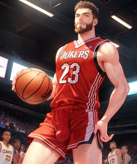 muscular man,(penis,testicles,frenulum,glans:1.05),
basketball player, Basketball clothes, no pants,  sweat shirt, strong thighs, strong chest, 
many cum drops , orgasm,
bottomless, cowboy shot, frontal view, straight on, looking at viewer , male only, masterpiece, best quality,detailed,  beard,   fade haircut, mature male, game_cg, standing, smooth,   <lora:frenulum_w2-000116:.28>