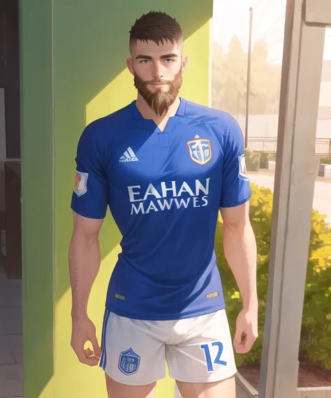 muscular man,(penis,testicles,frenulum,glans:1.05),
soccer player, soccer jersey, no pants,
bottomless, cowboy shot, frontal view, straight on, looking at viewer ,hands behind back, male only, masterpiece, best quality,detailed,  beard,   fade haircut, mature male, game_cg, standing, smooth,   <lora:frenulum_w2-000116:.28>