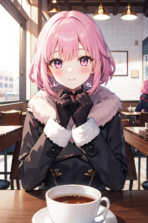 1girl,cafe,winter,pov across table,hiiro,short hair,pink eyes,fur-trimmed jacket,blush,light smile,<lora:Hiiro-08:0.8>,