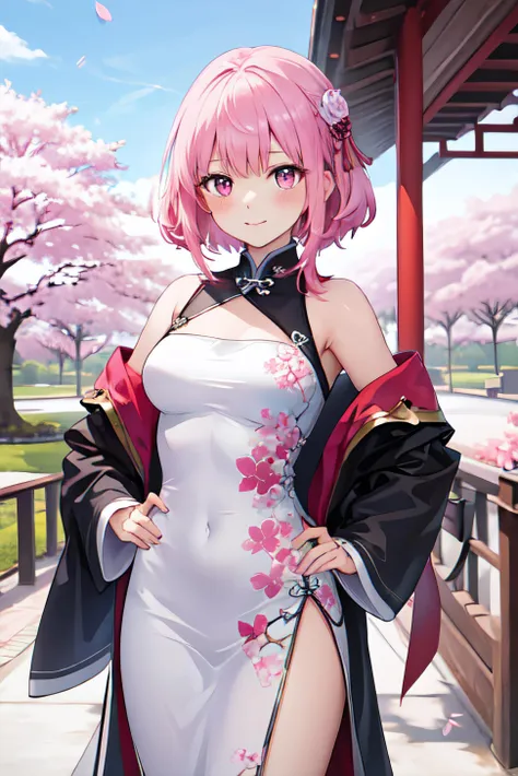 One girl, Realistic, (View your viewers:1), (Urzan-6500:0.66), Thighs, just legs, Speckled sunlight, Highest quality, Ultra-high resolution, (photoRealistic:1.4), Miko Yae, Fox Ears, short hair, pink hair,  yes_cherry blossoms, jewelry, cherry blossoms, (smile:1), just_shoulder, hair_ornament, purple_eye,  , independent_sleeve, , detailed eye,, (light smile:1), , (Small breasts:1.4), , (just upper body:1.4), , (Puffy nipples:1),, Put your arms behind your back、Slim Body、The shadow of the ribs is visible、