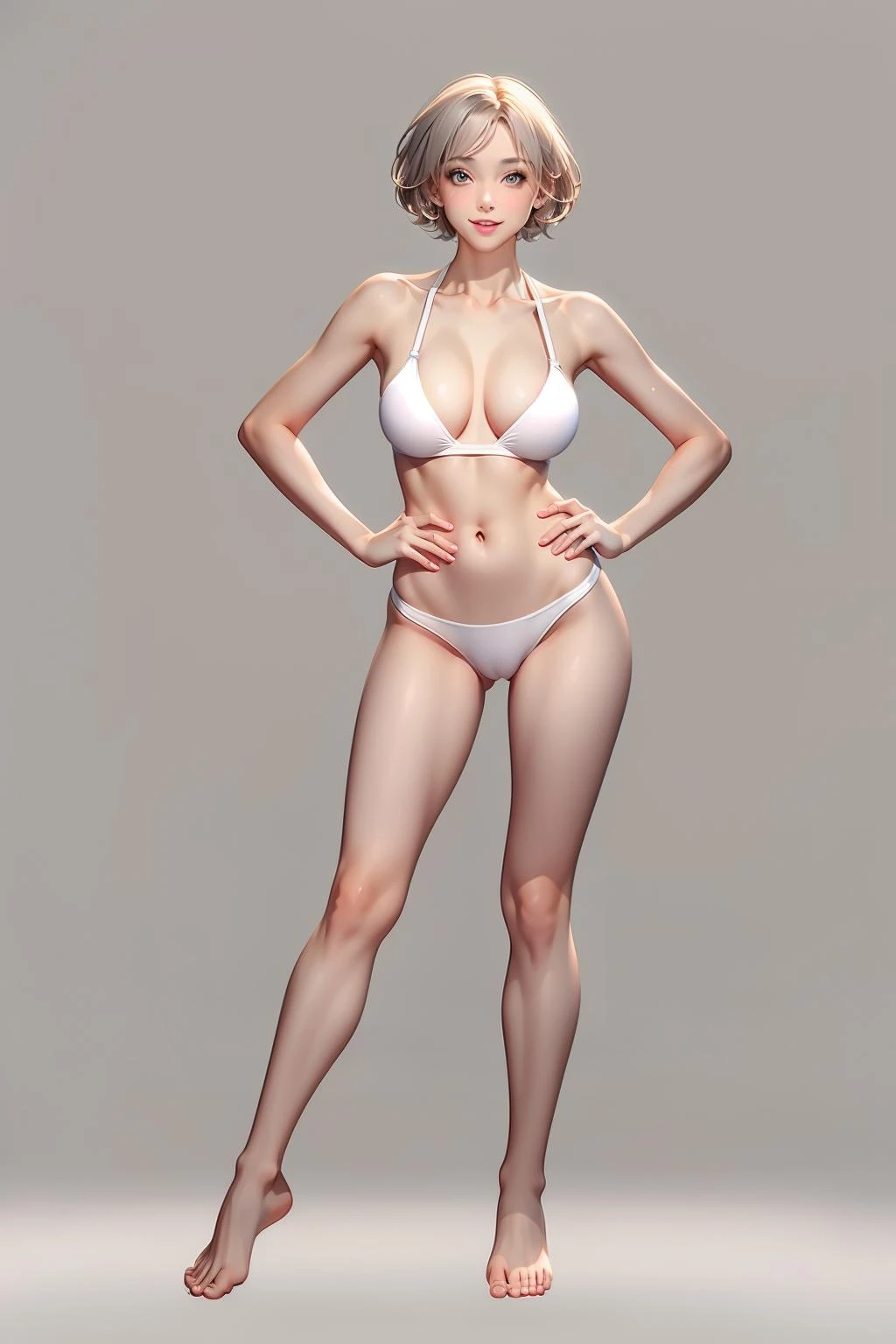 lingerie model,character standing drawing,1girl,solo,breasts,navel,swimsuit,barefoot,short hair,full body,looking at the audience,white bikini,standing,medium breasts,gray background,simple background,collarbone,lips,smile,<lora:luomo:0.8>,