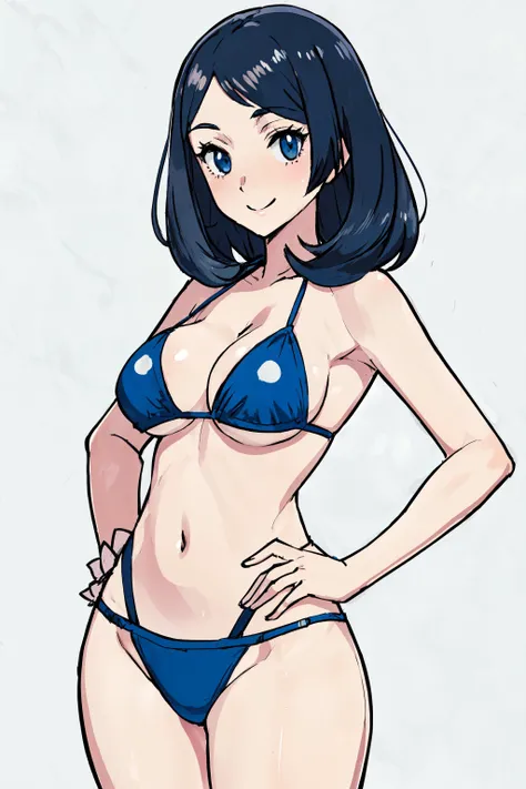 (best quality, masterpiece:1.3), (perfect details:1.1), 1girl, solo, iompoke, sugimori ken \(style\), simple background, <lora:pokemon-like:0.65>large breasts, bikini, light smile, cowboy shot, hands on hips,