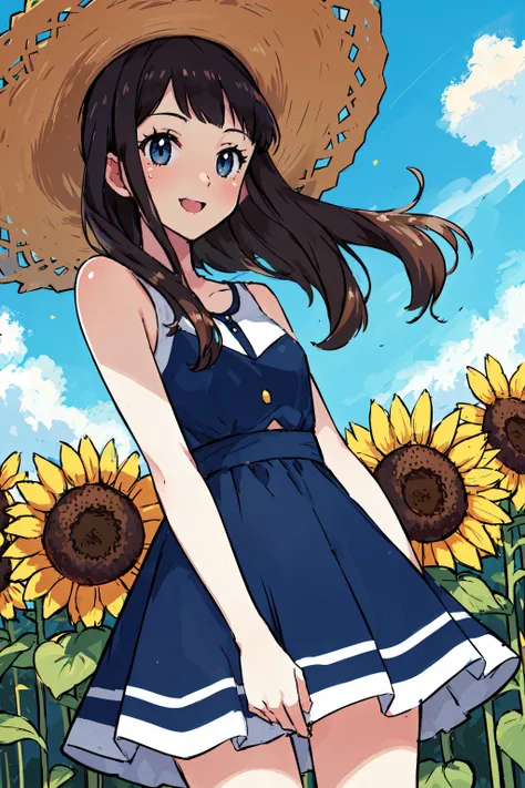 (best quality, masterpiece:1.3), (perfect details:1.1), 1girl, solo, iompoke, sugimori ken \(style\), <lora:pokemon-like:0.6> sleeveless, sun hat, sunflower field, smile, happy, cowboy shot, short dress, long hair,
