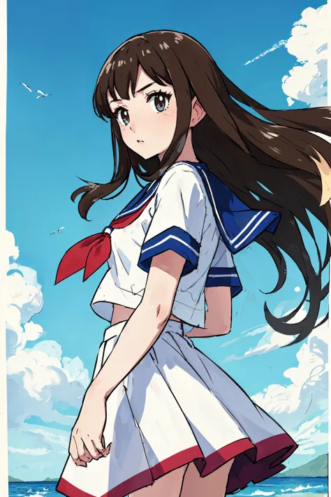 (best quality, masterpiece:1.3), (perfect details:1.1), 1girl, solo, iompoke, sugimori ken \(style\), <lora:pokemon-like:0.63>serafuku, hair blowing in the wind, long hair, looking to the side, cowboy shot