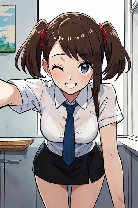 (best quality, masterpiece:1.3), (perfect details:1.1), 1girl, solo, iompoke, sugimori ken \(style\), <lora:pokemon-like:0.6>white shirt, necktie, short sleeves, miniskirt, looking at viewer, bent over, fron view, facial, light smile, one eye closed,