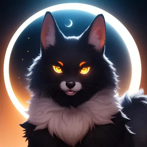 no humans, furry, anthro, portrait, symmetric, upper body, solar eclipse, glowing edge black hole, glowing circular silhouette, fluorescent fur, black body, black skin, glowing markings, glowing edges, furry female, (body fur, furry body:1.4), anthro, solo, realistic, (best quality, masterpiece:1), detailed, looking at viewer, smile, (eclipse gradient background:1.2),