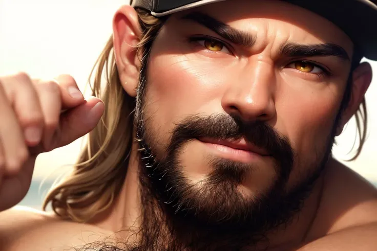 an awarded profesional photography of (1man:1.3) Arab  with yellow eyes  with  male Tousled beach waves hairstyle hairstyle and anchor beard with mustache in light blonde color, he wear fundoshi and baseball cap   wince, leaning back   in United States ,(epic scene:1.3),ultradetialed character with perfect face,detailed skin,(ultrasharp:1.3),(masterpiece:1.1),best quality,(photorealistic:1.2),ultrarealistic,realistic ultradetailed character,4k perfect quality, <lyco:GoodHands-beta2:1> by Nick Park  Streetlighting camera angle perspective and focus on face  Magnificent,Imperceptible detail,Intricately designed,  (perfect quality face:1.5)  hyper-detailed complex,  insanely detailed, detailed clothes, detailed skin, detailed body, , 1man, realistic lights, realistic shadows, profesional photo, furry