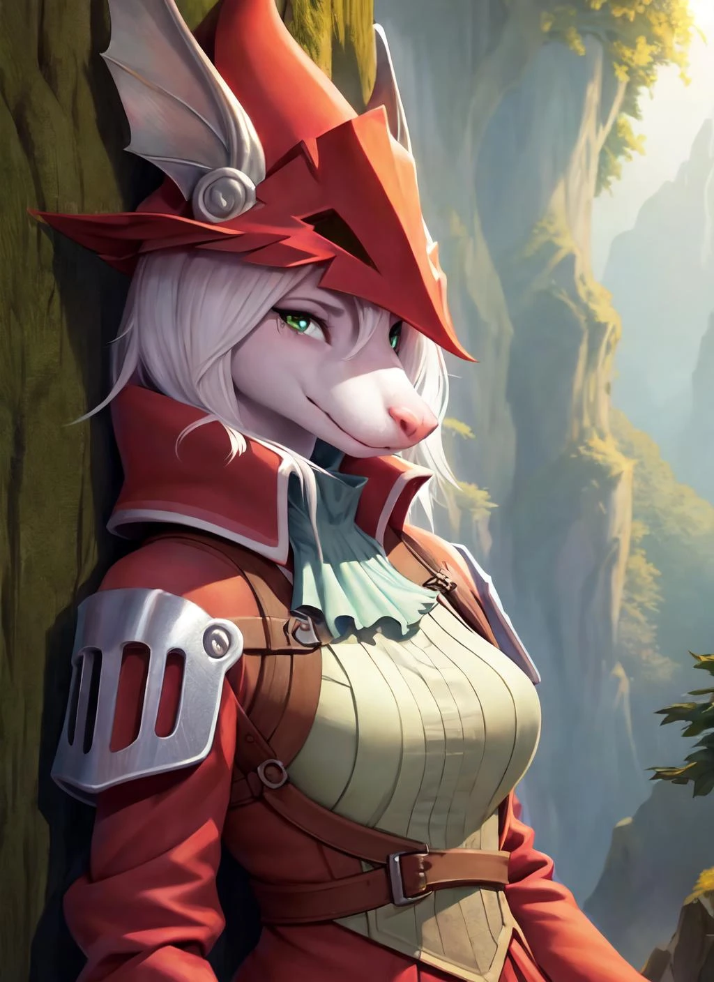 furry anthro, freyacrescent, solo, furry body, fur-covered, red hat, red coat, shoulder guards, (best quality, extreme intricate detailed, beautiful eyes, detailed face, e621), mouse ears, red clothes, Style-Glorious, (cute pose:1.2), blep, smirk, looking at viewer, blush, (white fur, green eyes), outdoors final fantasy background, medium breasts, octane render, romantic lighting, (detailed fluffy fur), rodent tail, animal nose, mouse nose, <lora:freyacrescent-v1-locon:1>