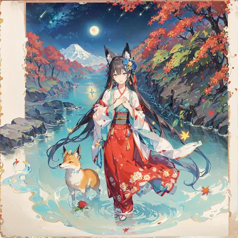 1girl, (fox ears:1.1), shirakami fubuki, looking at viewer, jewelry, ribbon, ribbon-trimmed sleeves, long hair, white, aqua eyes, watercolor (medium), colored pencil (medium), green bow, (blue rose:1.1), earrings, mountain, dusk, autumn leaves, ((autumn)), chinese clothes, clouds, east asian architecture, bird, expressionless, building, red rose, rose, snow, snowflakes, fire, (nagishiro mito:1.2), sky, blue sky, red moon, fox tail, fox mask, red dress, wet, rain, water, white flower, blue flower, yellow flower, shooting star, starry sky, tree, green background, rainbow, blood, house, street, (river:0.8), (ocean:0.8),(waterfall:0.8), hand on own chest, lamppost, lights, (night:1.255), hitodama <lora:songzhiHanfuLocon_v10:0.6>