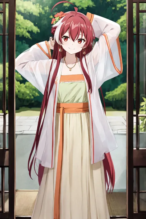 BREAK detailed background, masterpiece, best quality, anime screencap, anime coloring, parody, BREAK hanfu, chinese clothes, smile, looking at viewer, bangs, hair between eyes, Red hair, Multicolored eyes, very long hair, long hair, hair flower, ahoge, jewelry, necklace, earrings, BREAK inside of a ferris wheel, indoors, (arms behind head:1.3)