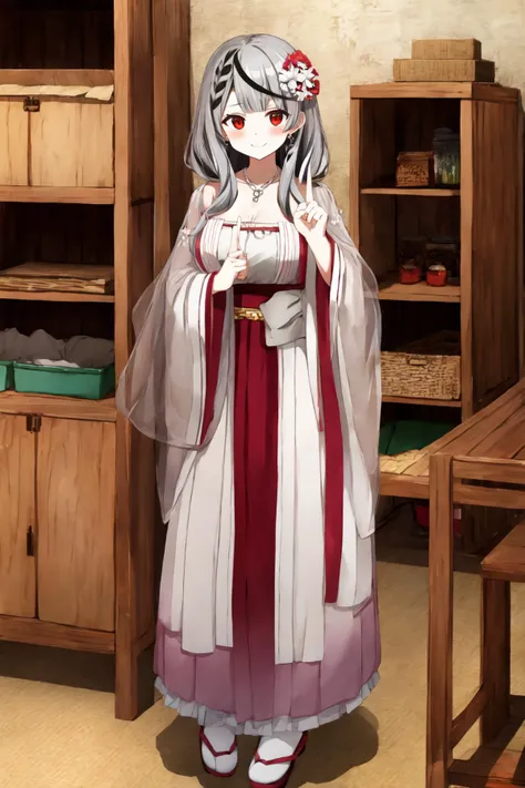 BREAK detailed background, masterpiece, best quality, anime screencap, anime coloring, parody, BREAK hanfu, chinese clothes, (sakamata chloe, streaked hair, red eyes, grey hair, (black hair:0.5), large breasts:1.1), smile, looking at viewer, hair flower, jewelry, necklace, earrings, BREAK storage room, dust particles, cardboard, cardboard boxes, storage shelves, (index finger raised:1.3)