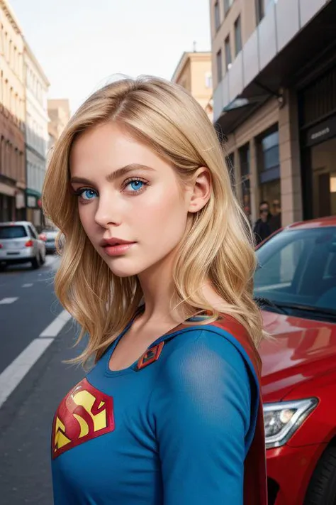 From the front, create a girl, with Superman clothes, half-length view, perfect lips, blue eyes, hi blonde hair, oil detailed skin, street background, with cars, buildings