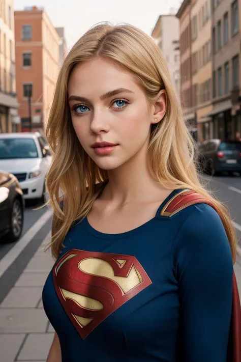 From the front, create a girl, with Superman clothes, half-length view, perfect lips, blue eyes, hi blonde hair, oil detailed skin, street background, with cars, buildings