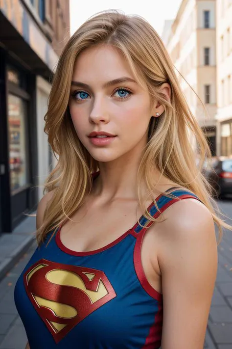 From the front, create a girl, with Superman clothes, half-length view, perfect lips, blue eyes, hi blonde hair, oil detailed skin, street background, with cars, buildings