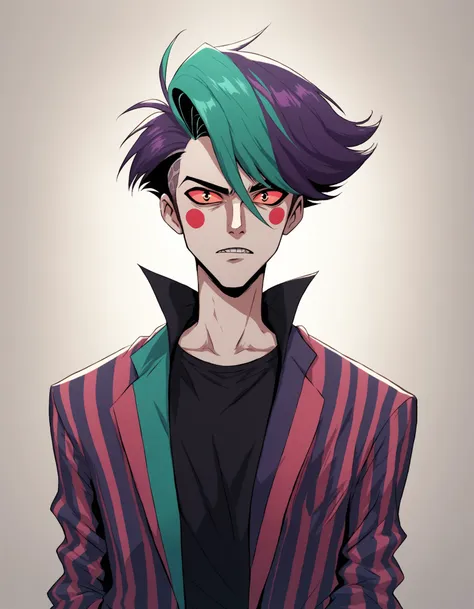 Beetlejuice, as voiced by Alex Brightman, 1boy, male focus, solo, green hair, dyed bangs, two tone hair, purple hair, multicolored hair,  striped suit, black shirt, faux hawk, punk theme,  ErthVasqBin_PNYXL