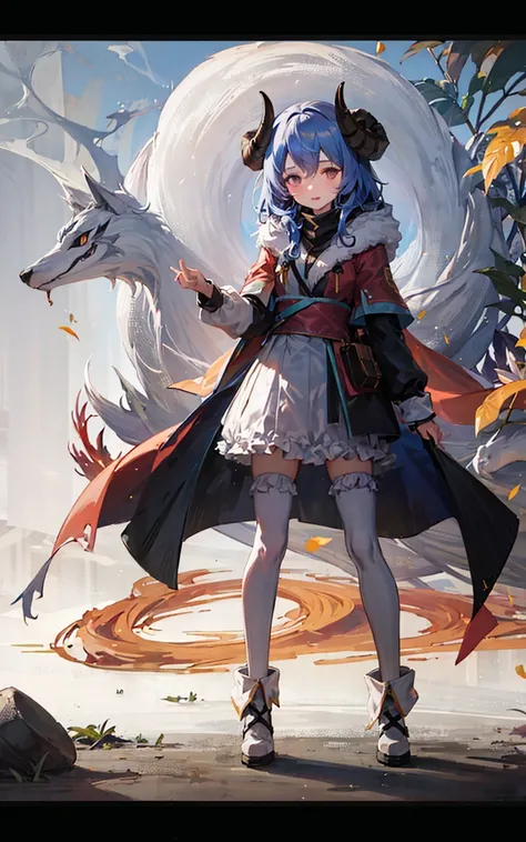 masterpiece,1girl,solo, <lora:KindredSV1-000006:0.9>,blue hair, horns, (black cape_hood:1.3),standing,spirit blossom kindred,black_cloak, wolf