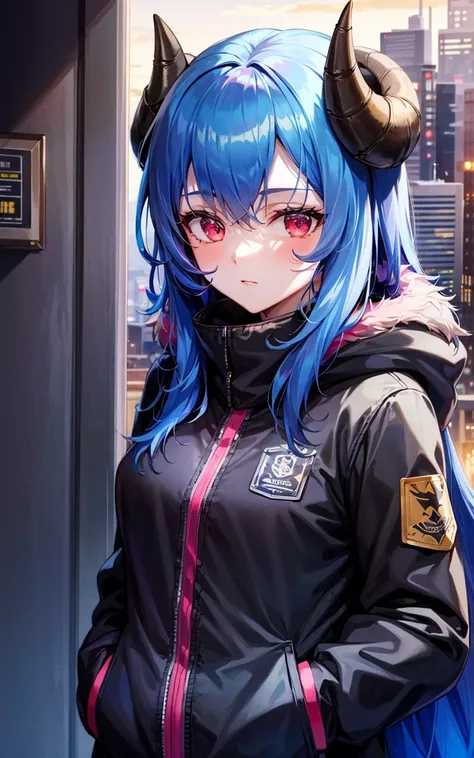 masterpiece,1girl,solo, <lora:KindredSV1-000006:0.8>,blue hair, horns, (black jacket:1.3),city, hand in pocket, cyberpunk, neon lights, outdoors,from_side,cape,cloak,expressionless, rooftop,