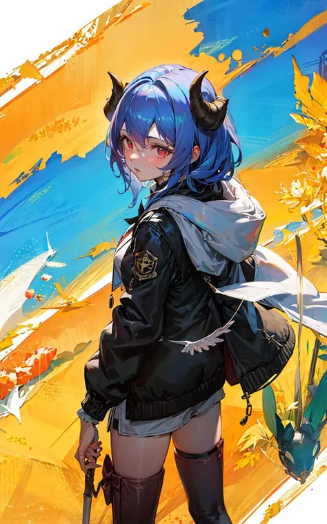 masterpiece,1girl,solo, <lora:KindredSV1-000006:0.8>,blue hair, horns, (black jacket:1.3),city, holding bow \(weapon\),