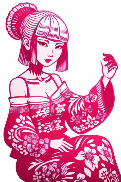 jianzhihua,(white background:1.4),  paper cut,a woman in a Pink Off Shoulder Pajamas,<lora:jianzhihuaepoch-000006:0.66>